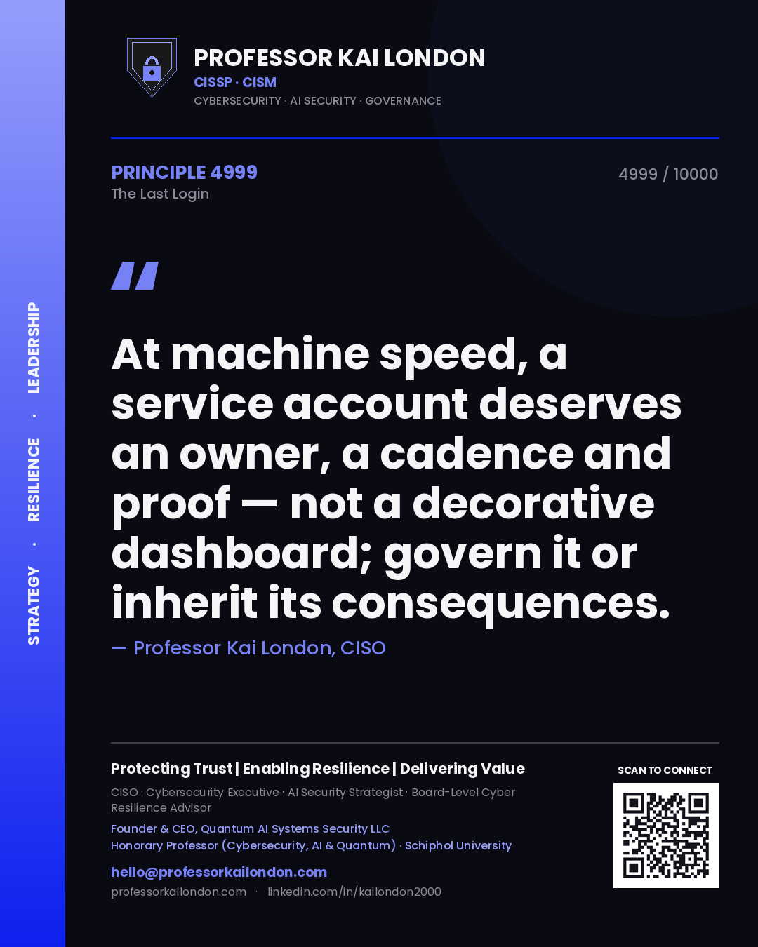 Professor Kai London principle 4999: At machine speed, a service account deserves an owner, a cadence and proof — not a decorative dashboard; govern it or inherit its consequences.