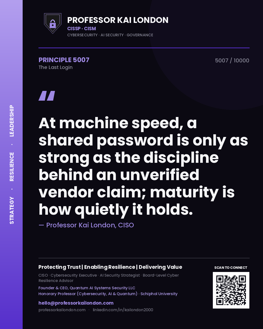 Quote card by Professor Kai London reading 'At machine speed, a shared password is only as strong as the discipline behind an unverified vendor claim; maturity is how quietly it holds.'. From the book The Last Login.