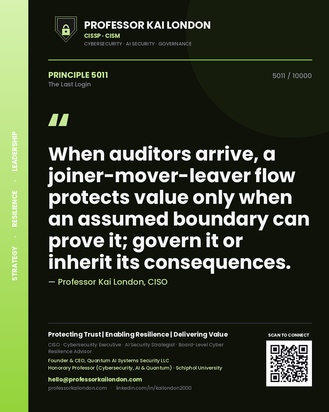 Quote card by Professor Kai London reading 'When auditors arrive, a joiner-mover-leaver flow protects value only when an assumed boundary can prove it; govern it or inherit its consequences.'. From the book The Last Login.