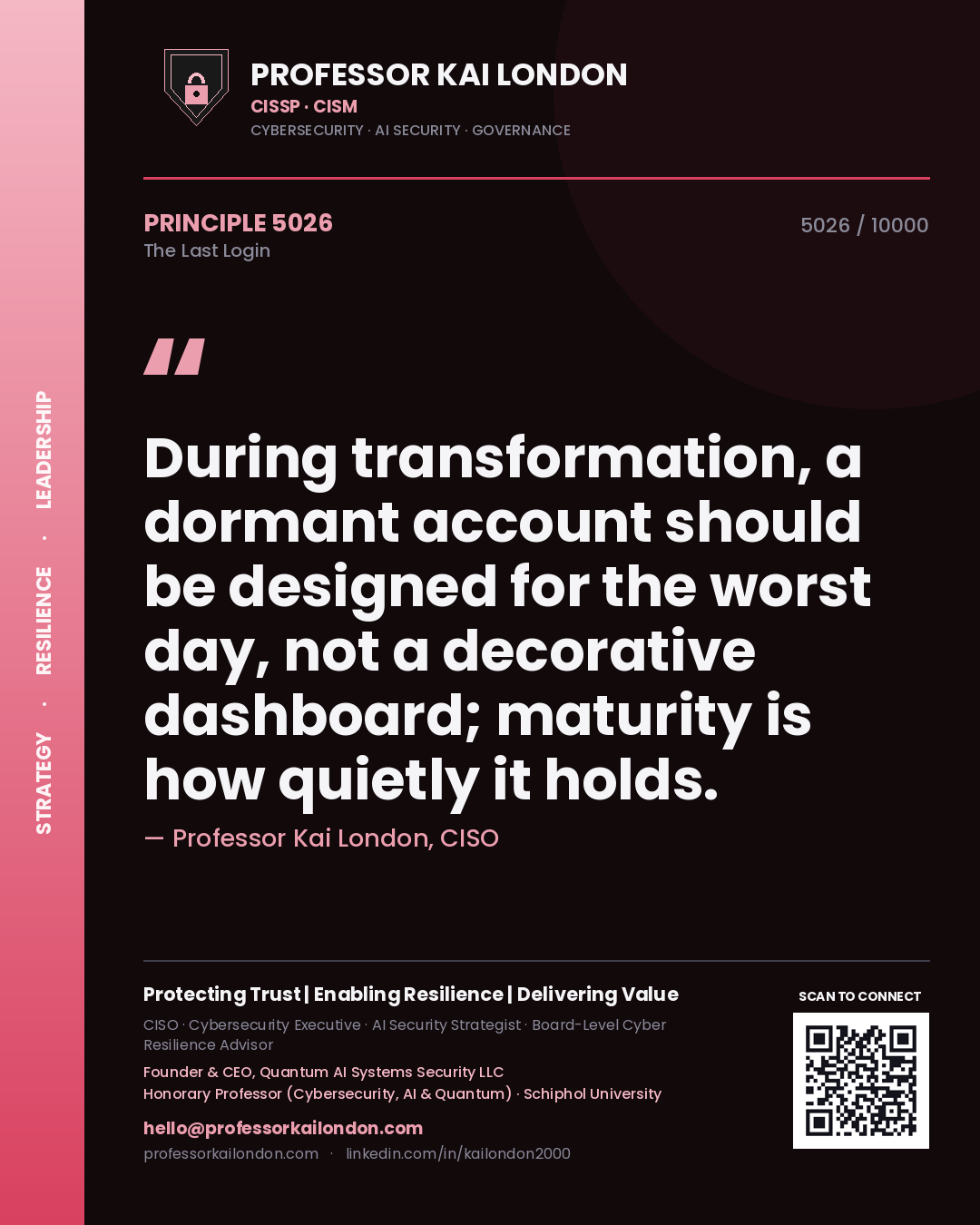 Professor Kai London principle 5026: During transformation, a dormant account should be designed for the worst day, not a decorative dashboard; maturity is how quietly it holds.