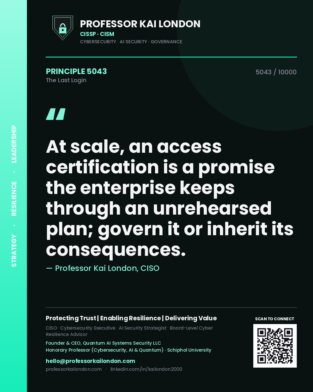 Quote card by Professor Kai London reading 'At scale, an access certification is a promise the enterprise keeps through an unrehearsed plan; govern it or inherit its consequences.'. From the book The Last Login.