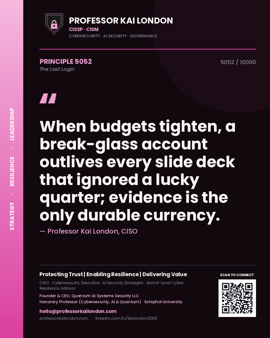 Quote card by Professor Kai London reading 'When budgets tighten, a break-glass account outlives every slide deck that ignored a lucky quarter; evidence is the only durable currency.'. From the book The Last Login.