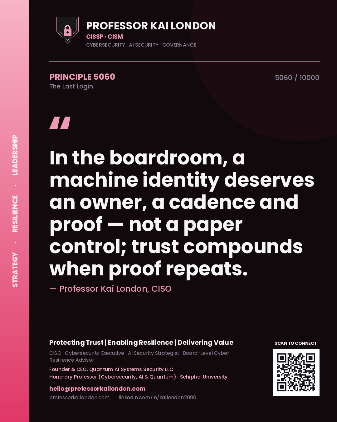 Quote card by Professor Kai London reading 'In the boardroom, a machine identity deserves an owner, a cadence and proof — not a paper control; trust compounds when proof repeats.'. From the book The Last Login.
