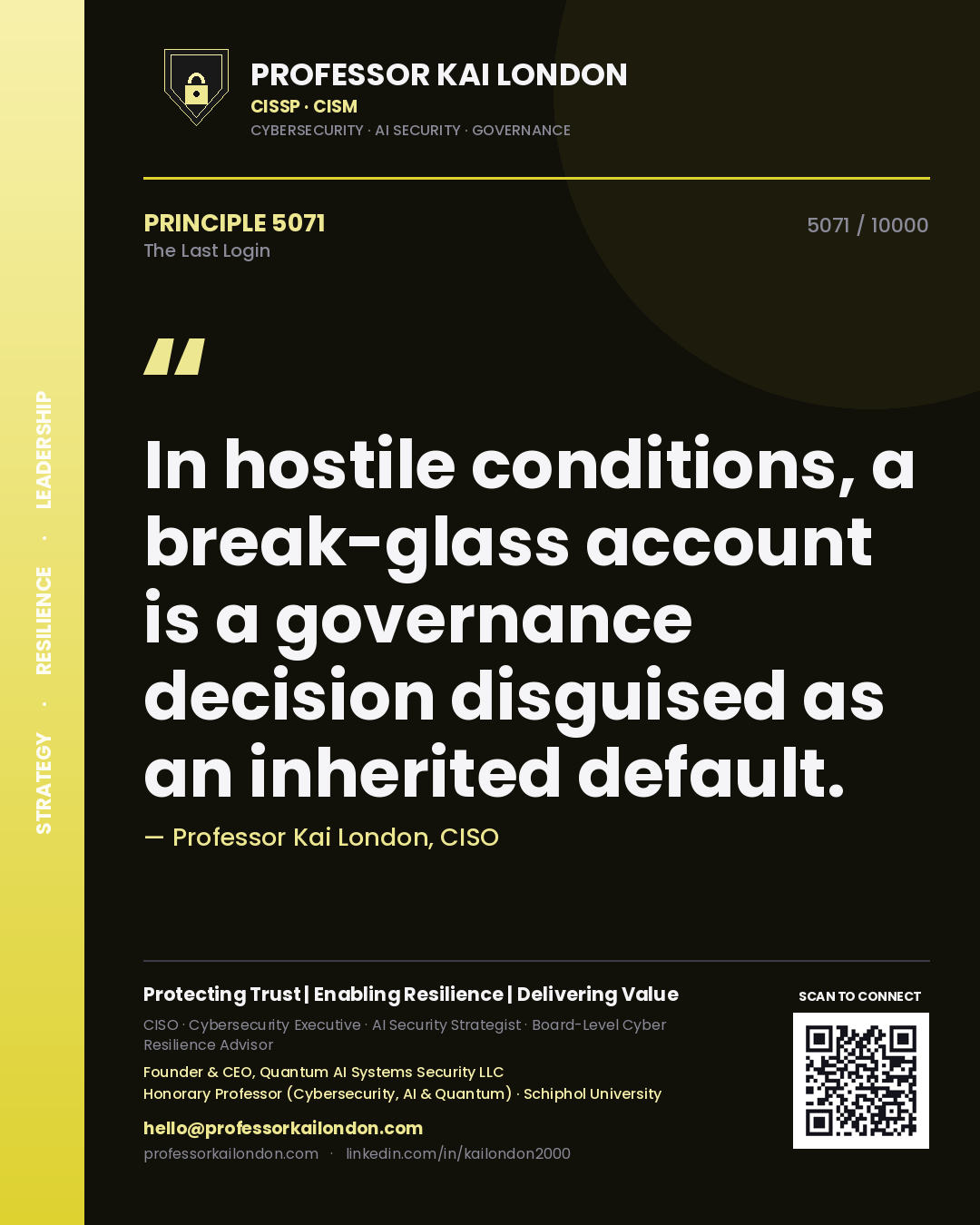 Quote card by Professor Kai London reading 'In hostile conditions, a break-glass account is a governance decision disguised as an inherited default.'. From the book The Last Login.