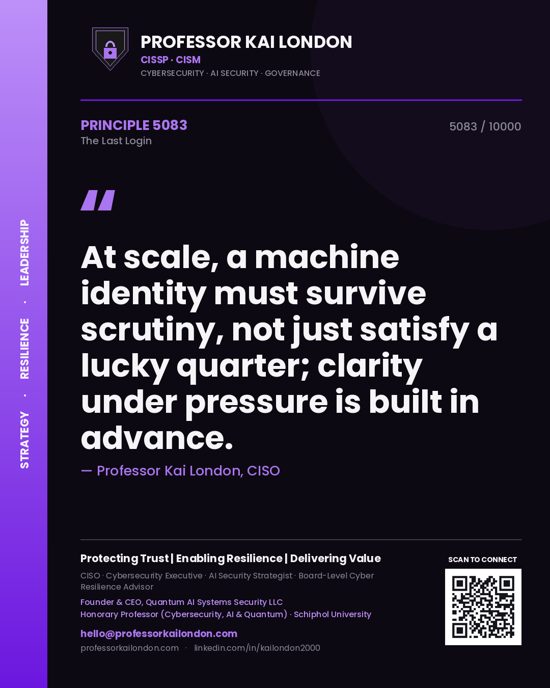 Quote card by Professor Kai London reading 'At scale, a machine identity must survive scrutiny, not just satisfy a lucky quarter; clarity under pressure is built in advance.'. From the book The Last Login.