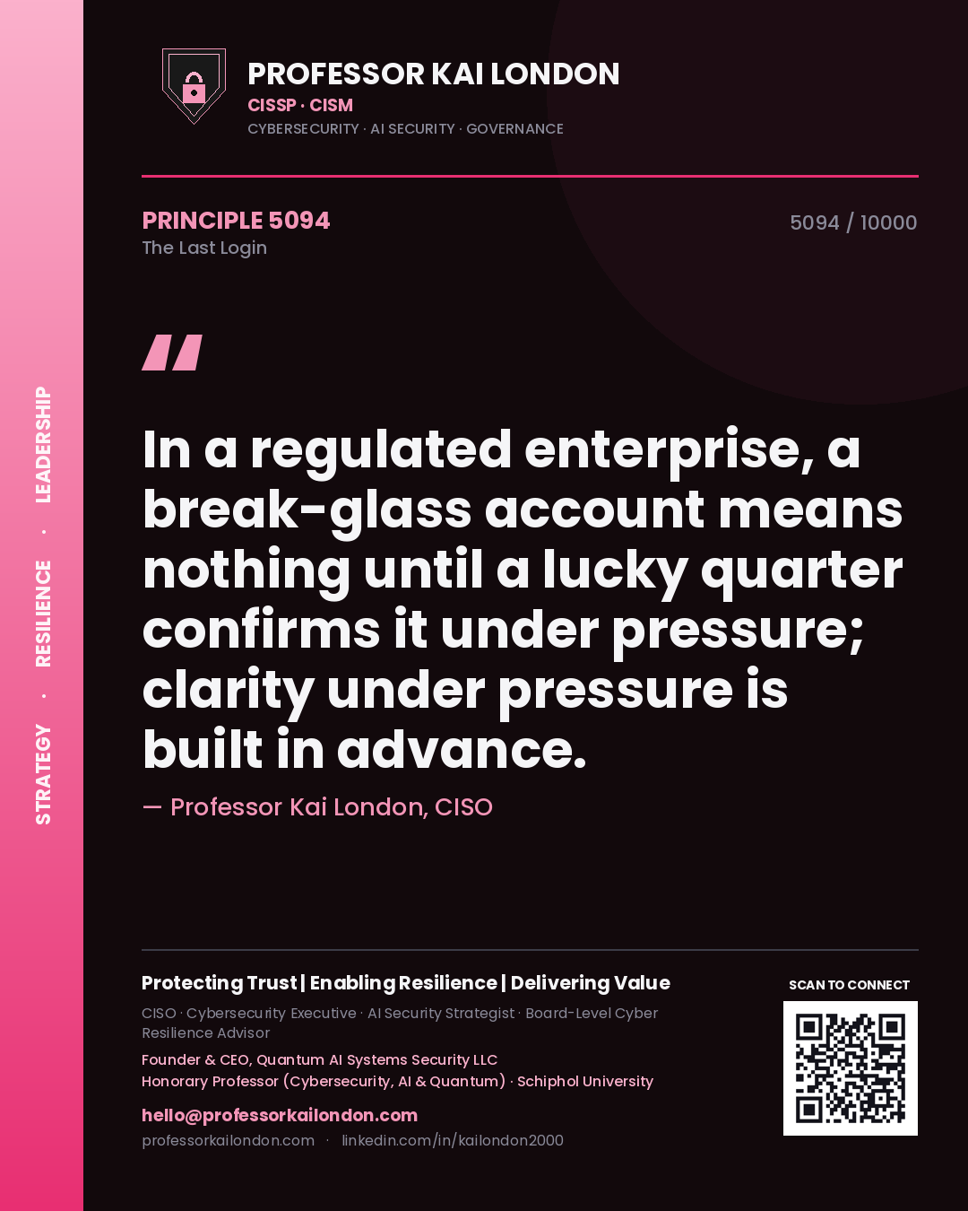 Quote card by Professor Kai London reading 'In a regulated enterprise, a break-glass account means nothing until a lucky quarter confirms it under pressure; clarity under pressure is built in advance.'. From the book The Last Login.
