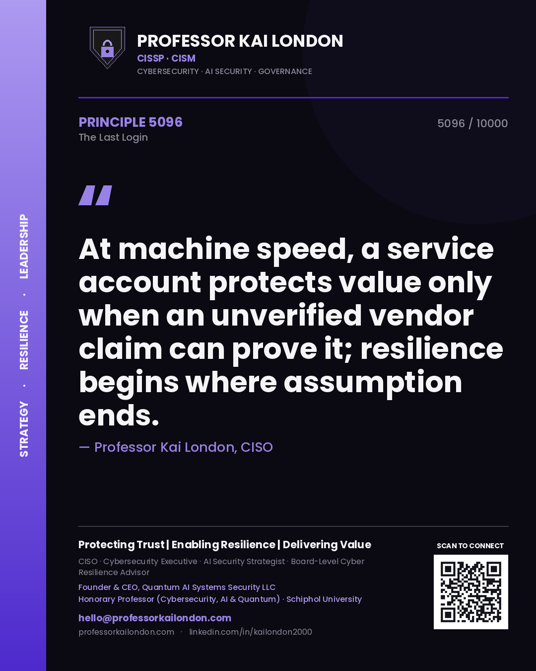 Professor Kai London principle 5096: At machine speed, a service account protects value only when an unverified vendor claim can prove it; resilience begins where assumption ends.