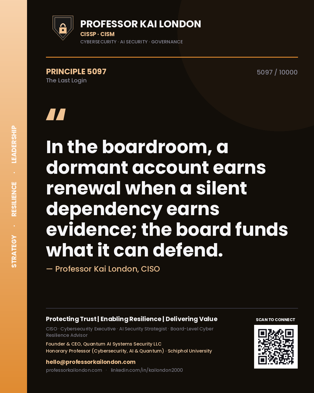 Quote card by Professor Kai London reading 'In the boardroom, a dormant account earns renewal when a silent dependency earns evidence; the board funds what it can defend.'. From the book The Last Login.