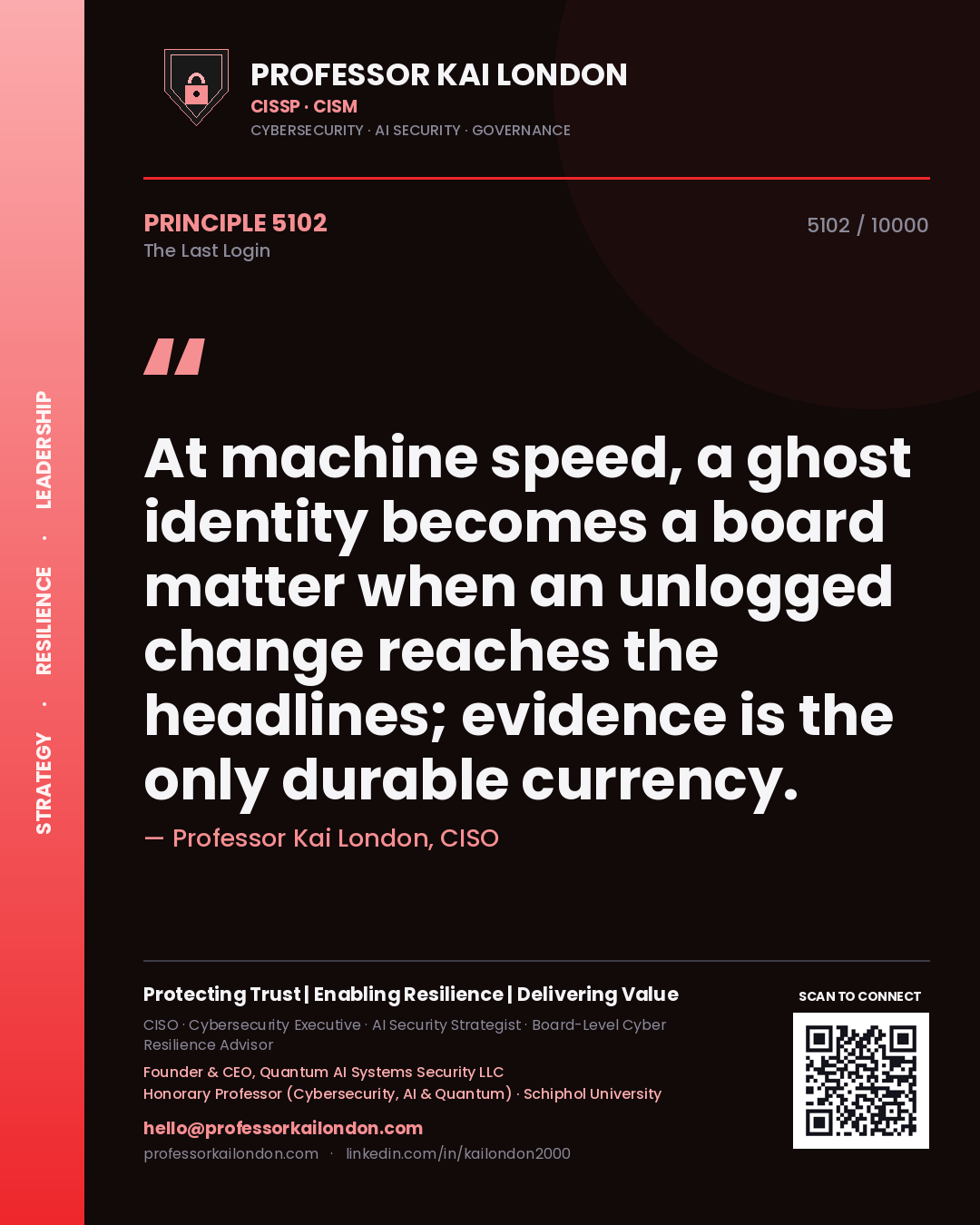 Professor Kai London principle 5102: At machine speed, a ghost identity becomes a board matter when an unlogged change reaches the headlines; evidence is the only durable currency.