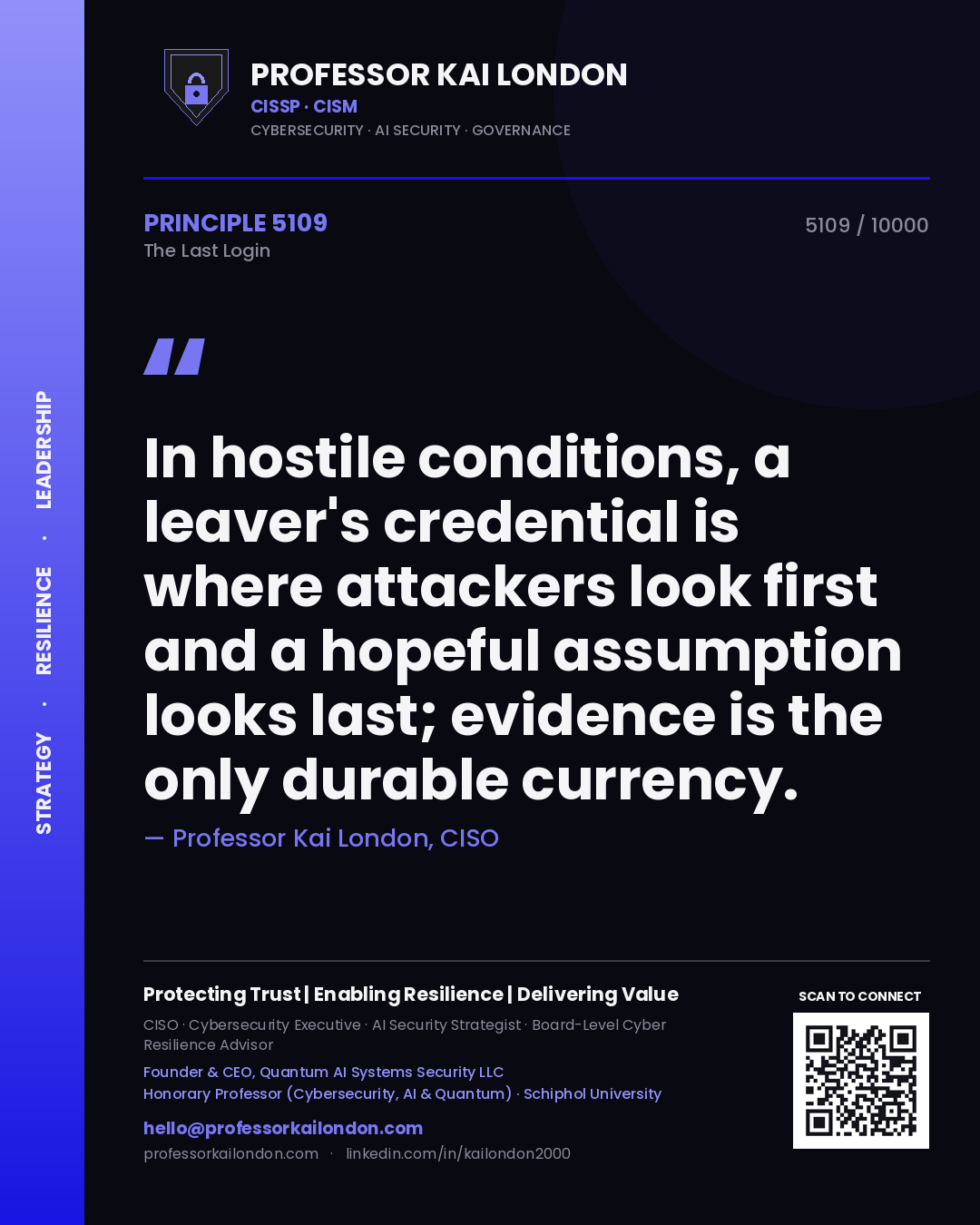Professor Kai London principle 5109: In hostile conditions, a leaver's credential is where attackers look first and a hopeful assumption looks last; evidence is the only durable currency.