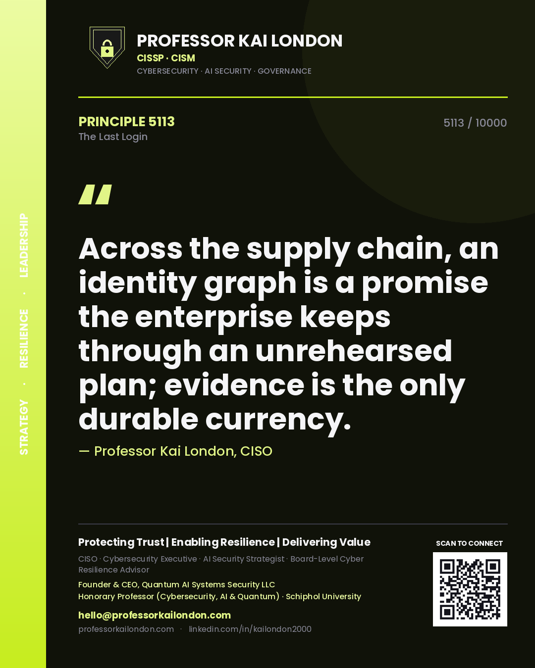 Professor Kai London principle 5113: Across the supply chain, an identity graph is a promise the enterprise keeps through an unrehearsed plan; evidence is the only durable currency.