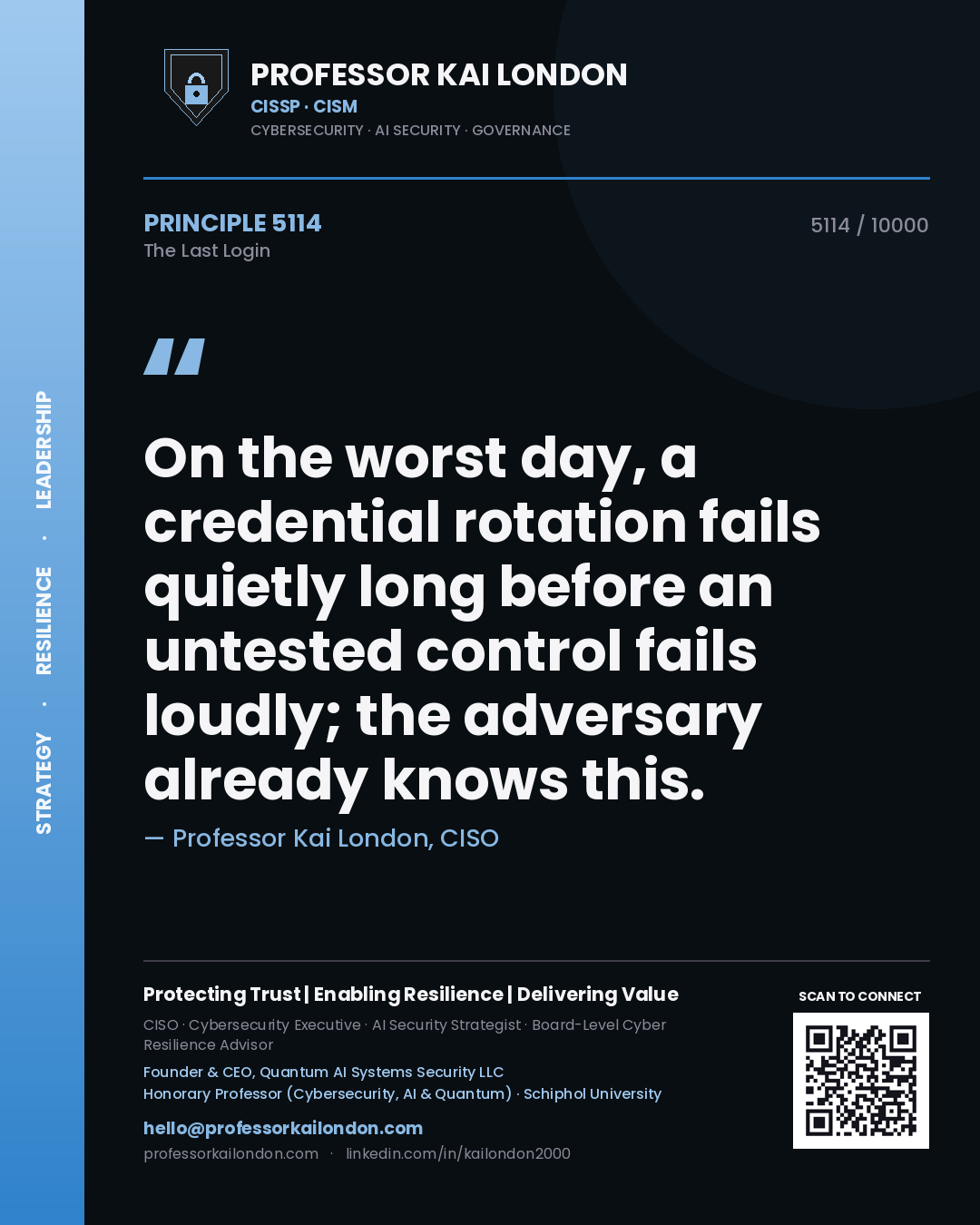 Professor Kai London principle 5114: On the worst day, a credential rotation fails quietly long before an untested control fails loudly; the adversary already knows this.
