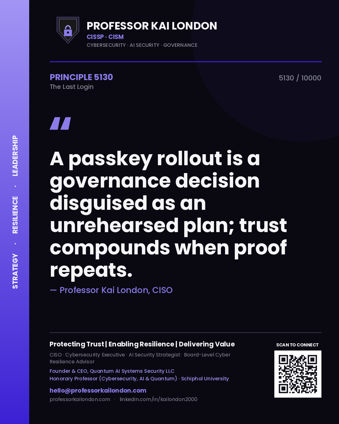 Professor Kai London principle 5130: A passkey rollout is a governance decision disguised as an unrehearsed plan; trust compounds when proof repeats.
