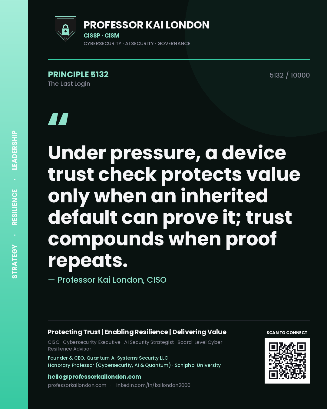 Professor Kai London principle 5132: Under pressure, a device trust check protects value only when an inherited default can prove it; trust compounds when proof repeats.