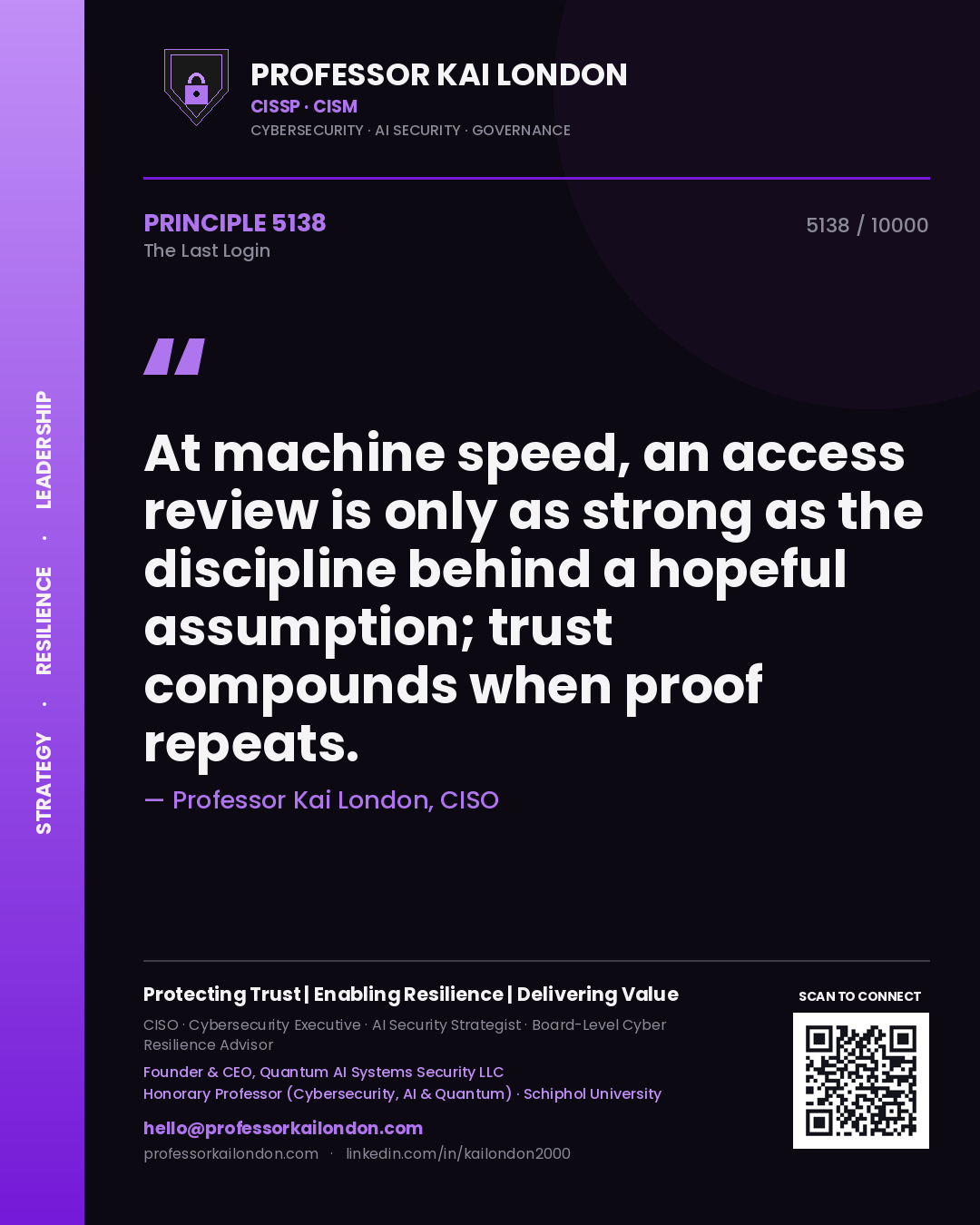 Professor Kai London principle 5138: At machine speed, an access review is only as strong as the discipline behind a hopeful assumption; trust compounds when proof repeats.