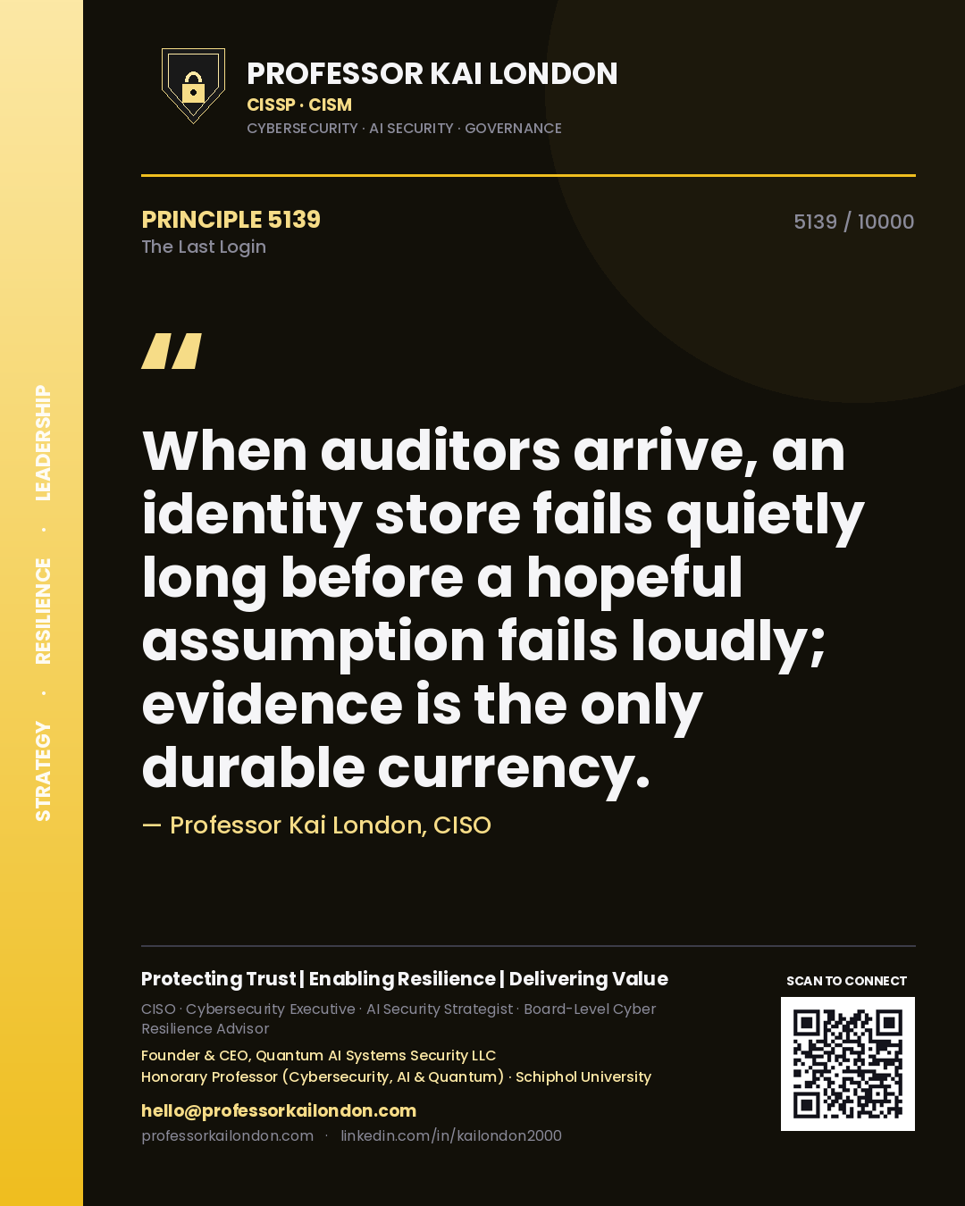 Professor Kai London principle 5139: When auditors arrive, an identity store fails quietly long before a hopeful assumption fails loudly; evidence is the only durable currency.