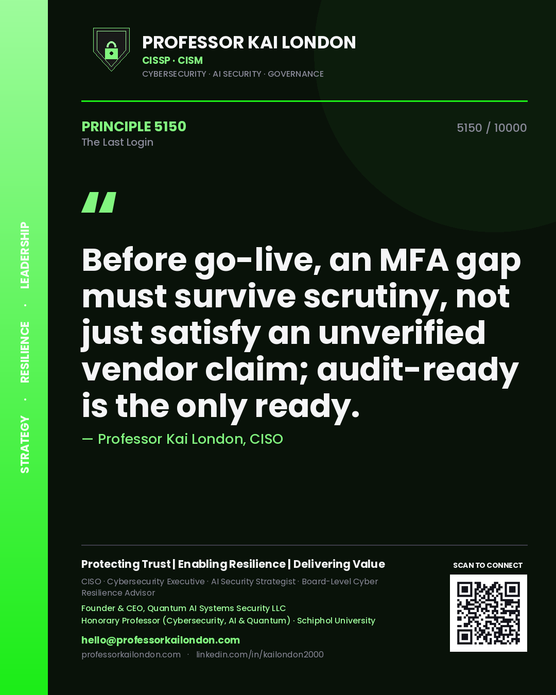 Professor Kai London principle 5150: Before go-live, an MFA gap must survive scrutiny, not just satisfy an unverified vendor claim; audit-ready is the only ready.