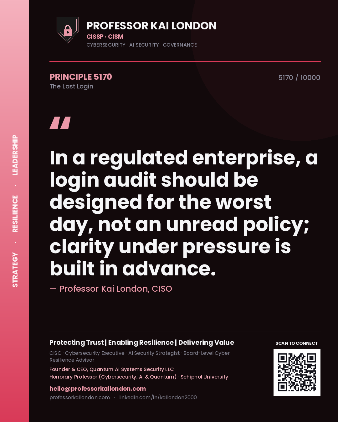 Professor Kai London principle 5170: In a regulated enterprise, a login audit should be designed for the worst day, not an unread policy; clarity under pressure is built in advance.
