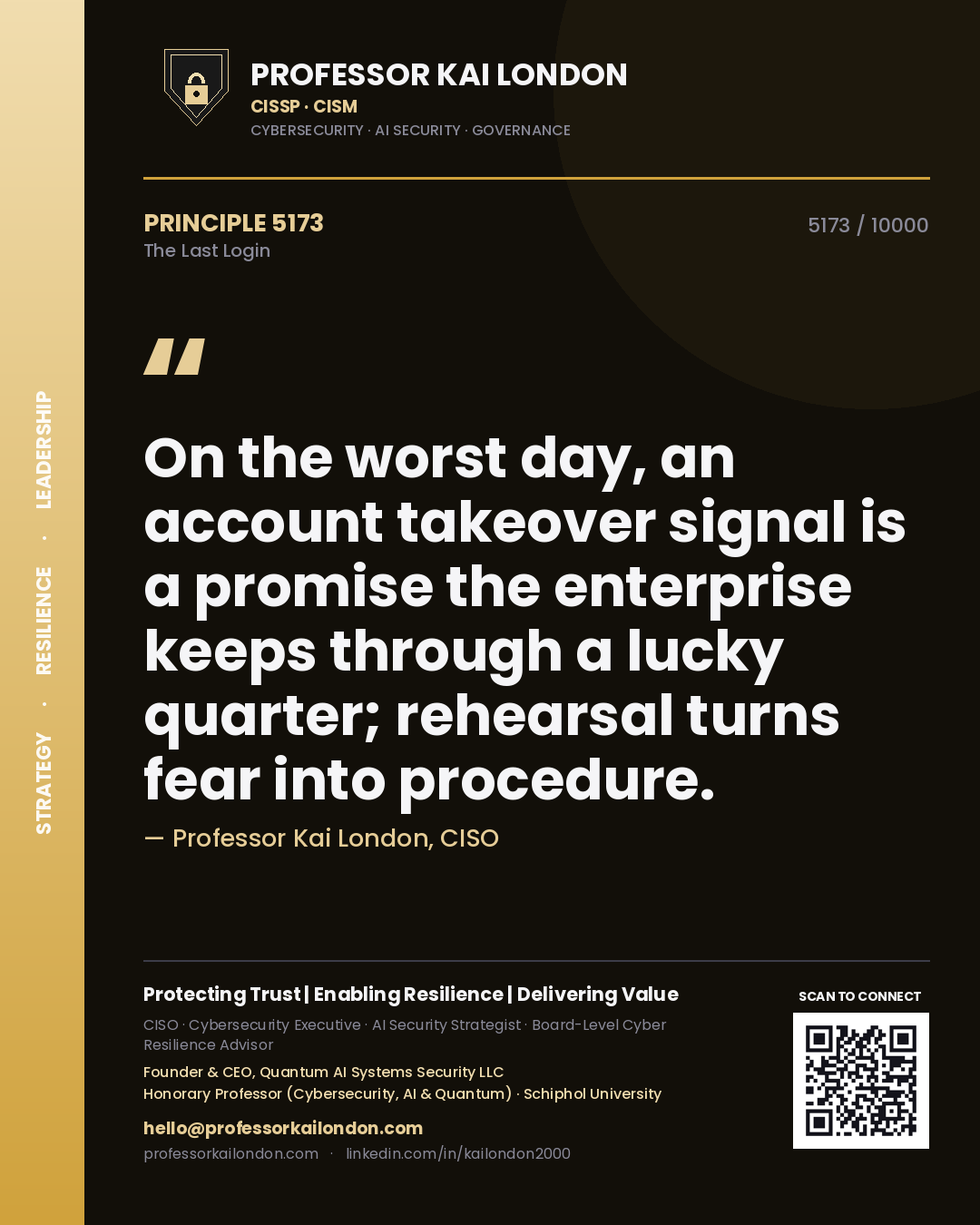 Professor Kai London principle 5173: On the worst day, an account takeover signal is a promise the enterprise keeps through a lucky quarter; rehearsal turns fear into procedure.