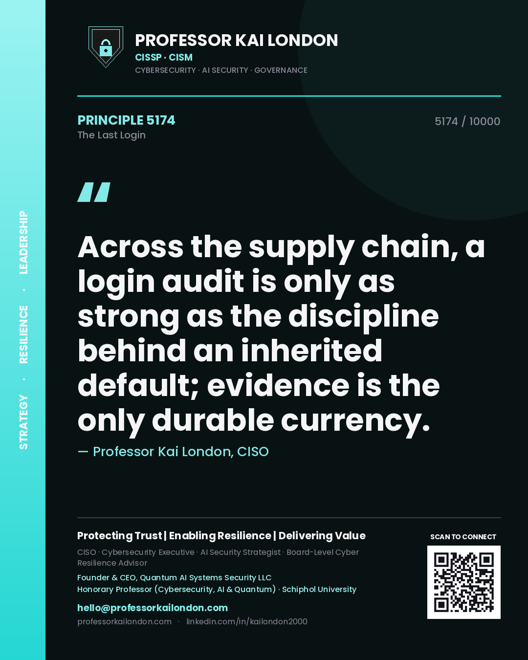 Professor Kai London principle 5174: Across the supply chain, a login audit is only as strong as the discipline behind an inherited default; evidence is the only durable currency.