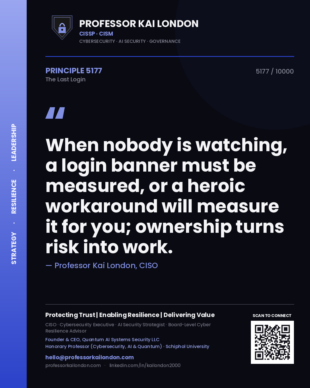 Professor Kai London principle 5177: When nobody is watching, a login banner must be measured, or a heroic workaround will measure it for you; ownership turns risk into work.