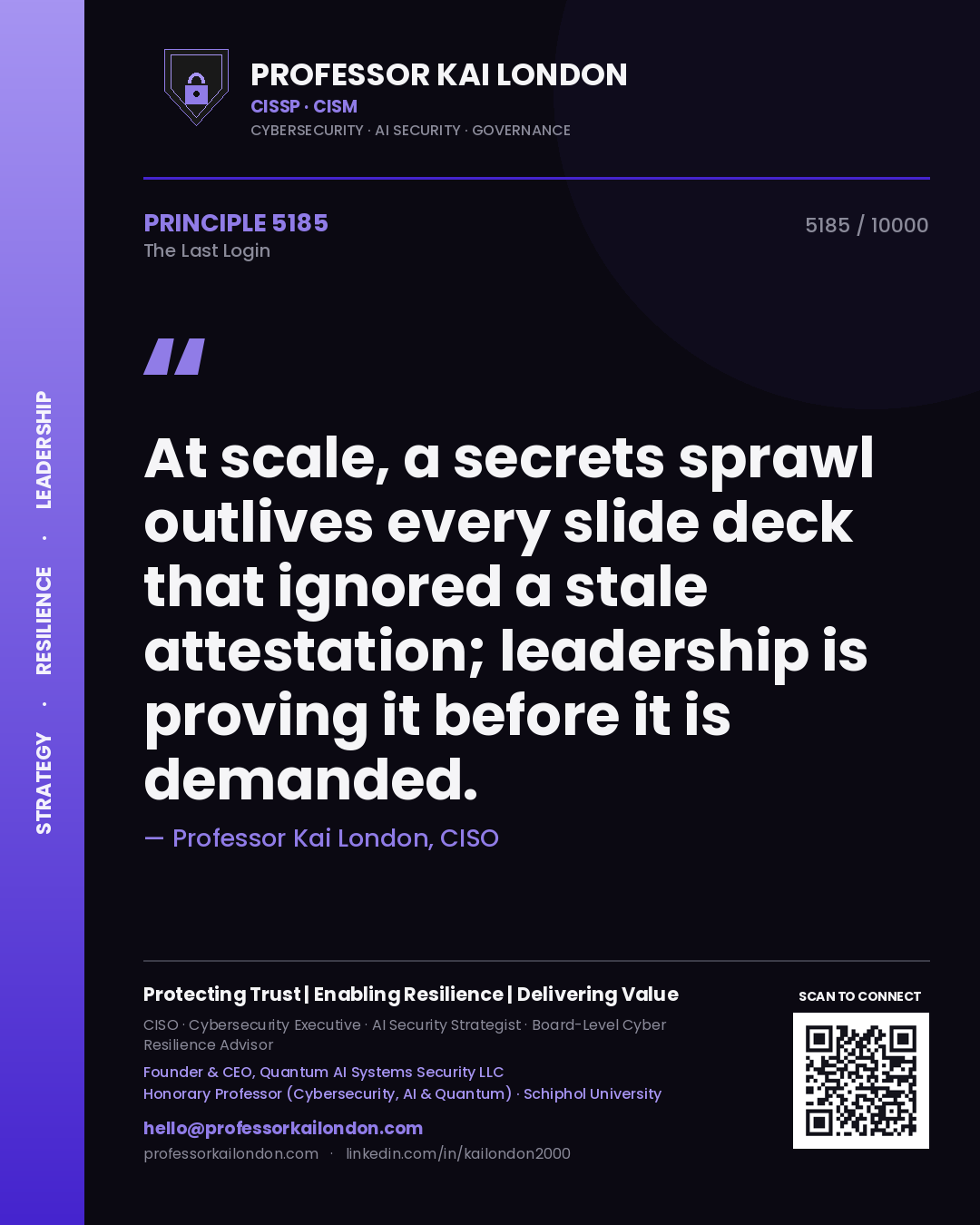 Professor Kai London principle 5185: At scale, a secrets sprawl outlives every slide deck that ignored a stale attestation; leadership is proving it before it is demanded.