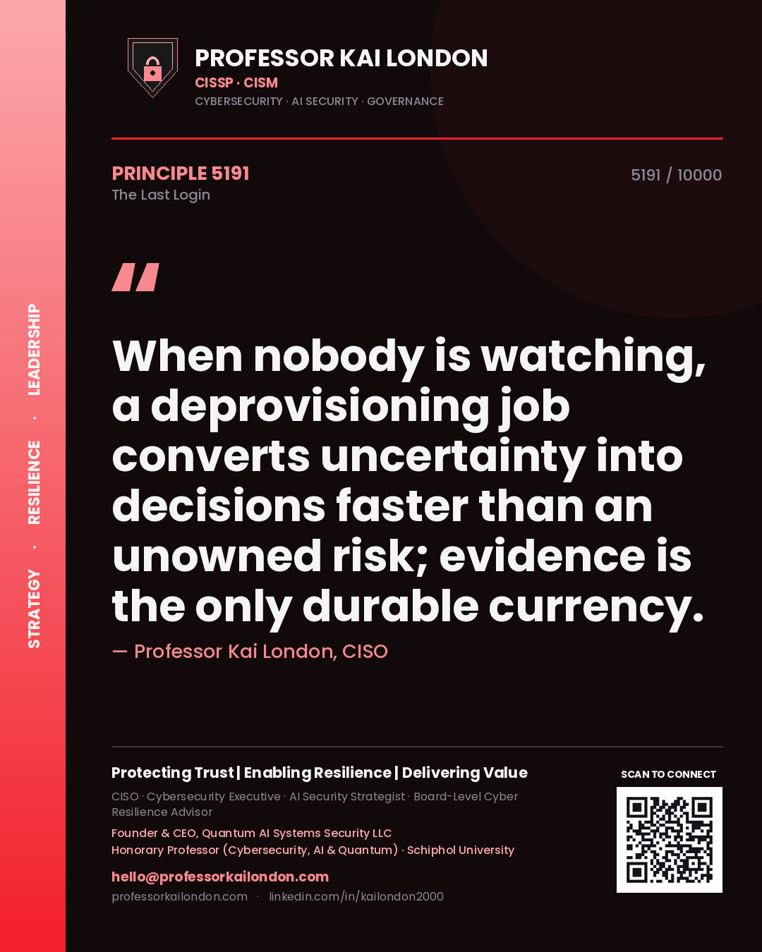 Professor Kai London principle 5191: When nobody is watching, a deprovisioning job converts uncertainty into decisions faster than an unowned risk; evidence is the only durable currency.