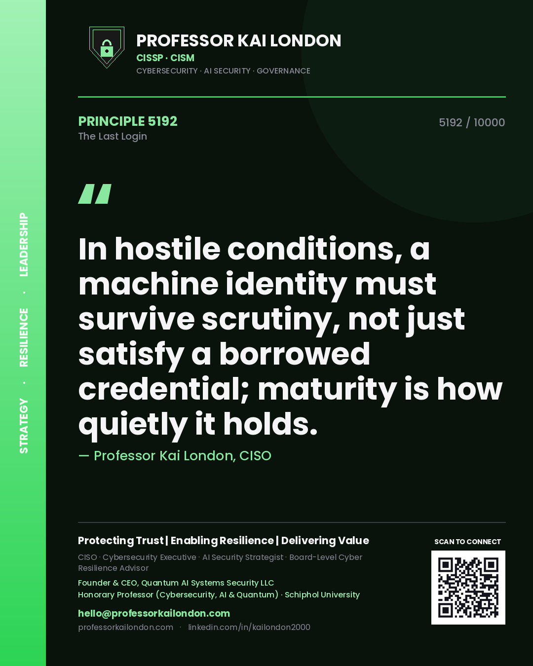 Professor Kai London principle 5192: In hostile conditions, a machine identity must survive scrutiny, not just satisfy a borrowed credential; maturity is how quietly it holds.