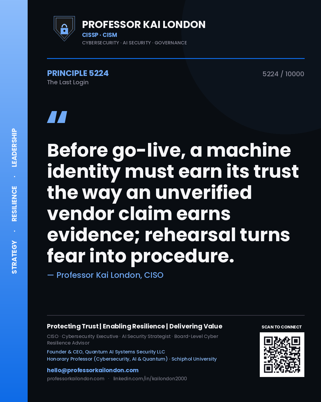 Professor Kai London principle 5224: Before go-live, a machine identity must earn its trust the way an unverified vendor claim earns evidence; rehearsal turns fear into procedure.