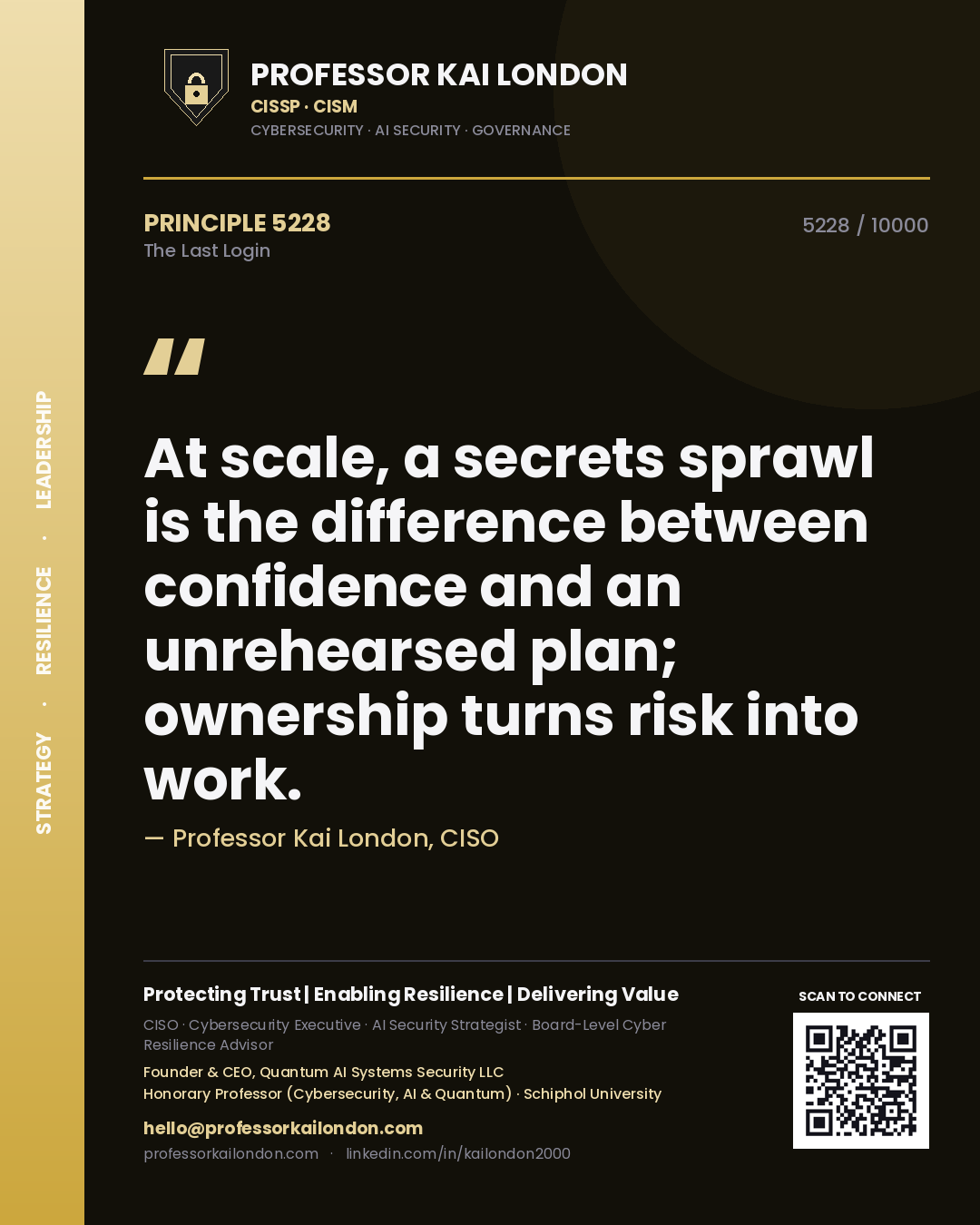 Professor Kai London principle 5228: At scale, a secrets sprawl is the difference between confidence and an unrehearsed plan; ownership turns risk into work.