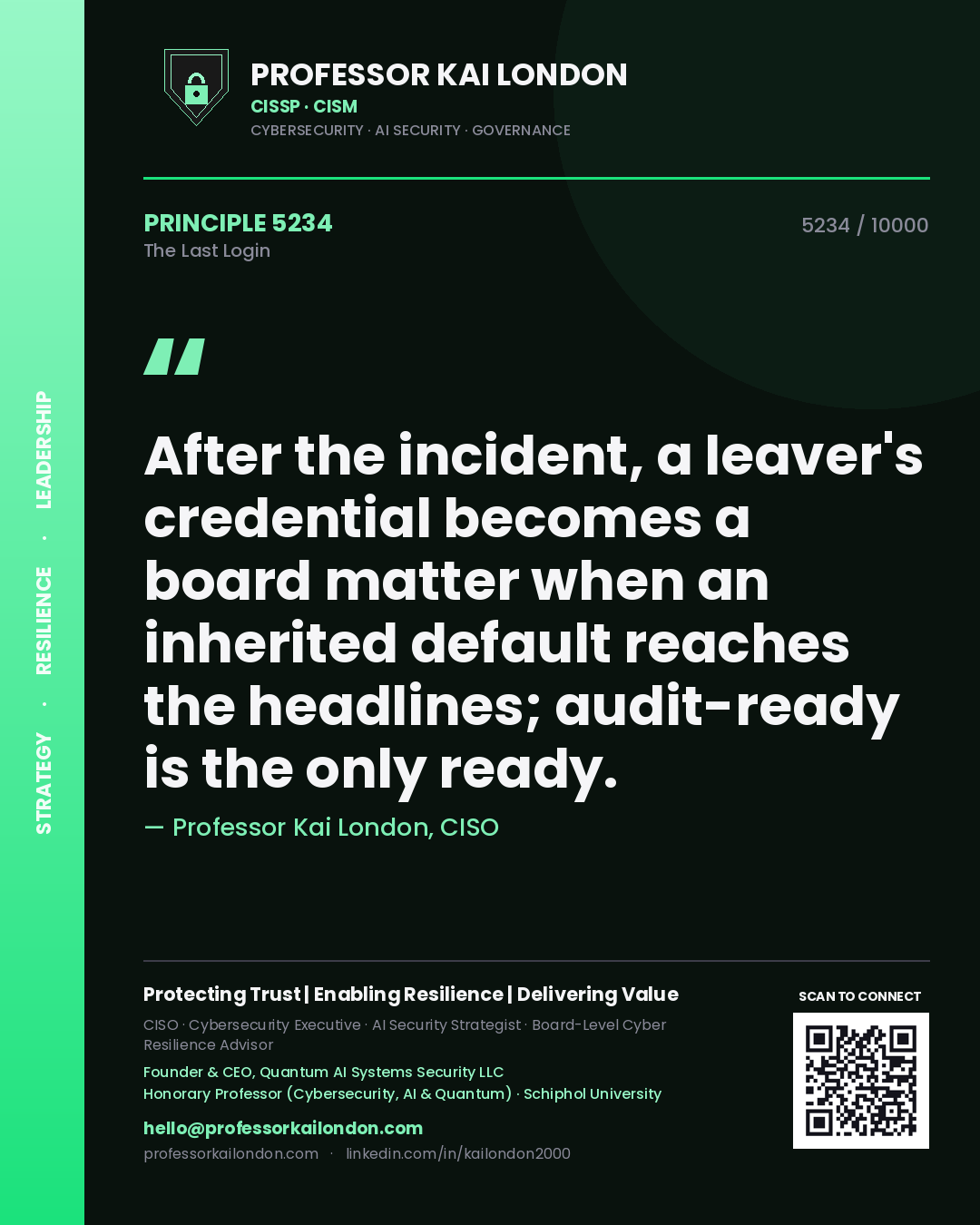 Professor Kai London principle 5234: After the incident, a leaver's credential becomes a board matter when an inherited default reaches the headlines; audit-ready is the only ready.
