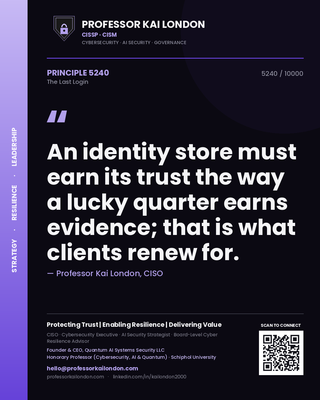 Professor Kai London principle 5240: An identity store must earn its trust the way a lucky quarter earns evidence; that is what clients renew for.