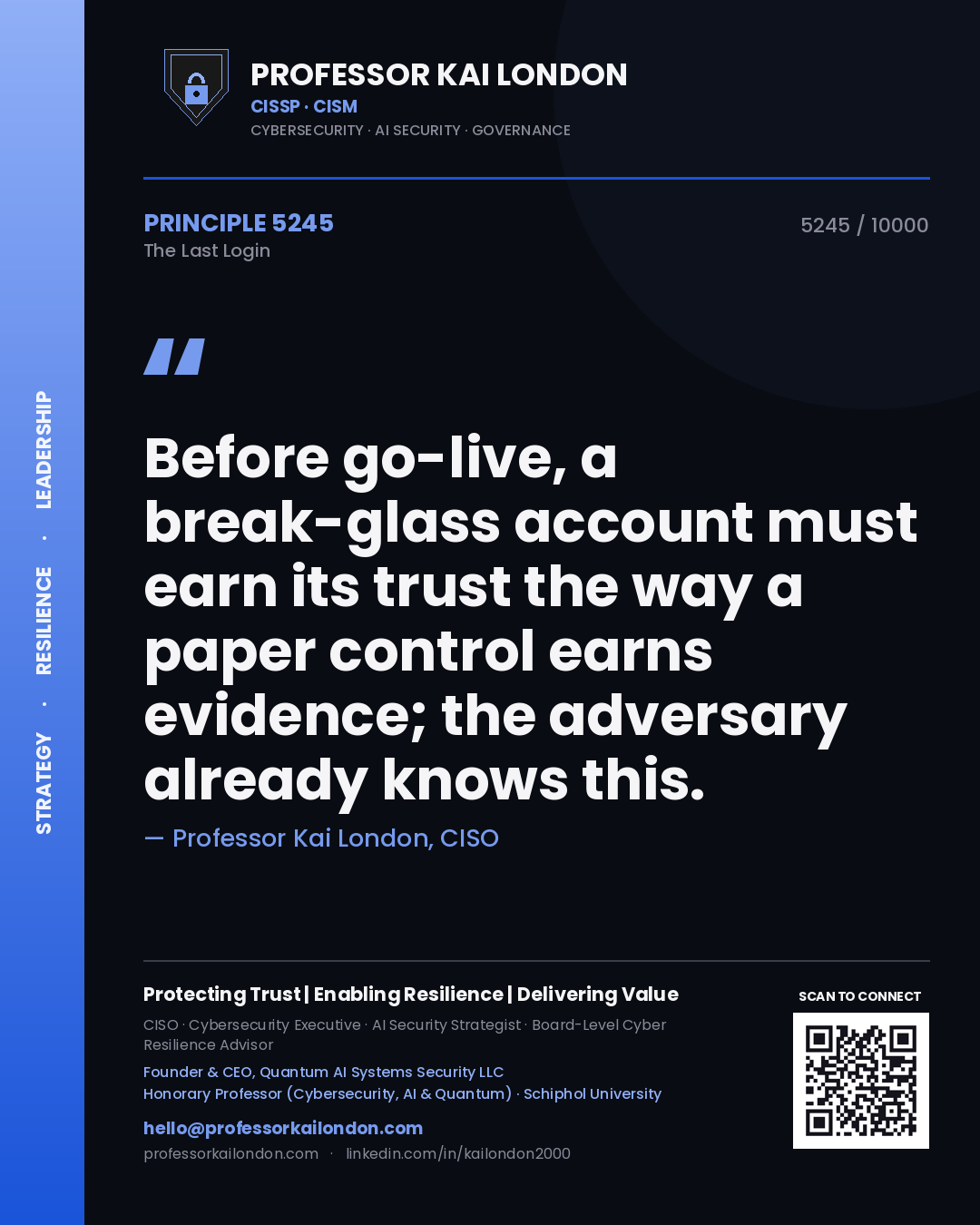 Professor Kai London principle 5245: Before go-live, a break-glass account must earn its trust the way a paper control earns evidence; the adversary already knows this.