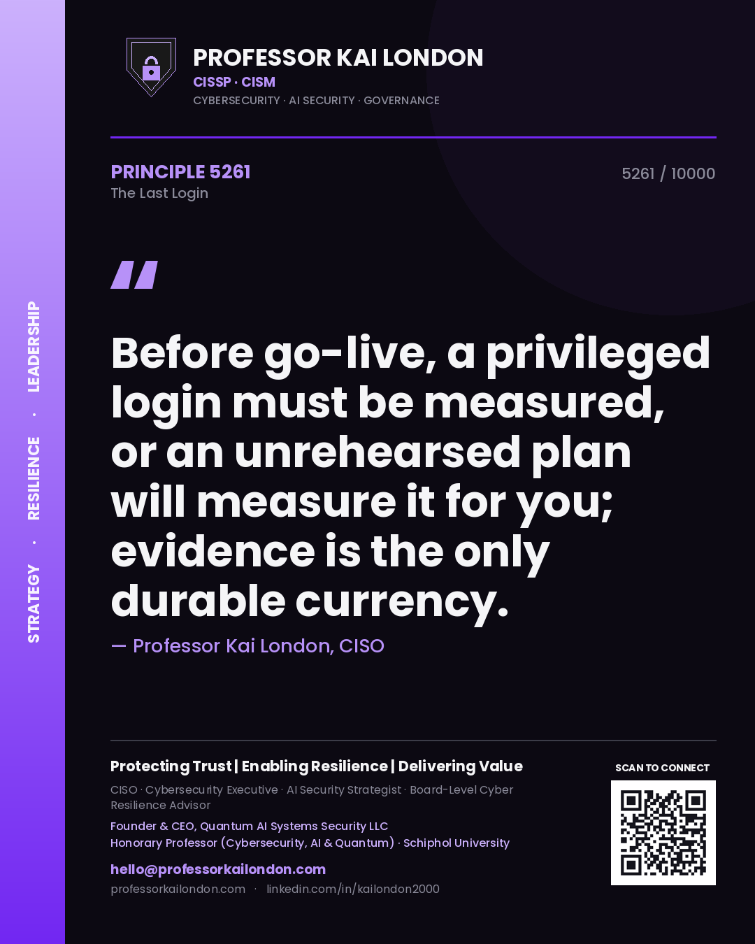 Professor Kai London principle 5261: Before go-live, a privileged login must be measured, or an unrehearsed plan will measure it for you; evidence is the only durable currency.