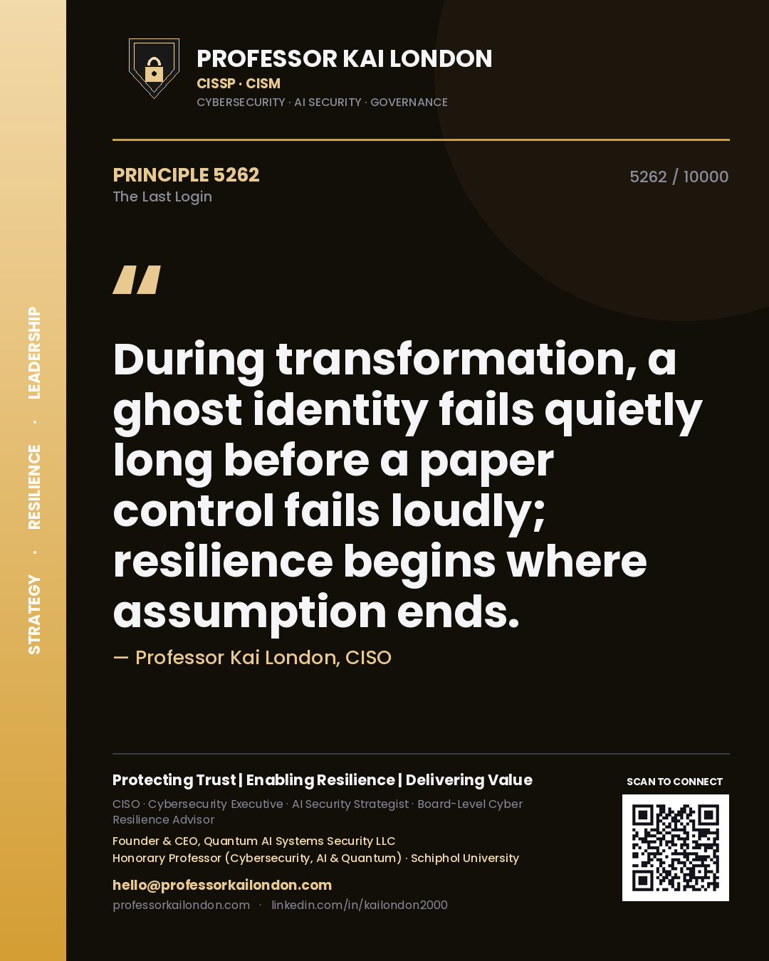 Professor Kai London principle 5262: During transformation, a ghost identity fails quietly long before a paper control fails loudly; resilience begins where assumption ends.