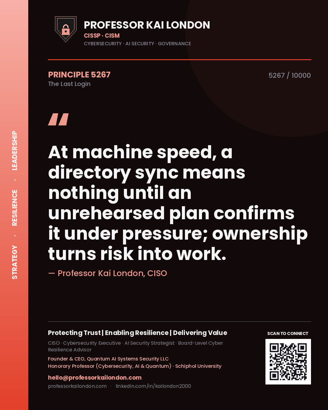 Professor Kai London principle 5267: At machine speed, a directory sync means nothing until an unrehearsed plan confirms it under pressure; ownership turns risk into work.