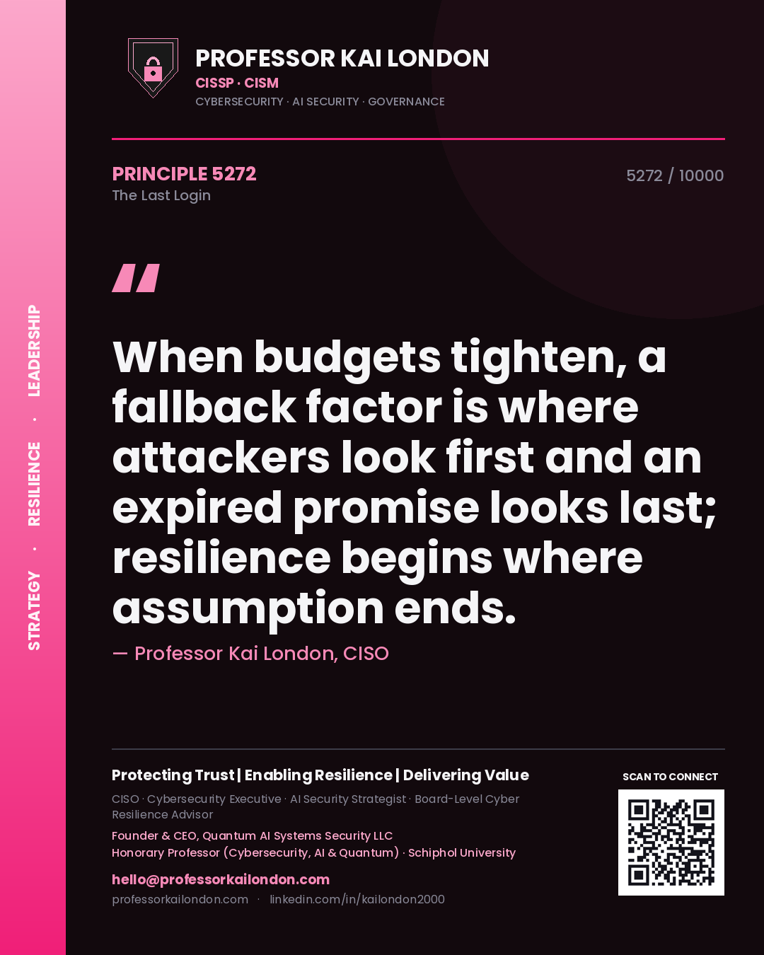Professor Kai London principle 5272: When budgets tighten, a fallback factor is where attackers look first and an expired promise looks last; resilience begins where assumption ends.