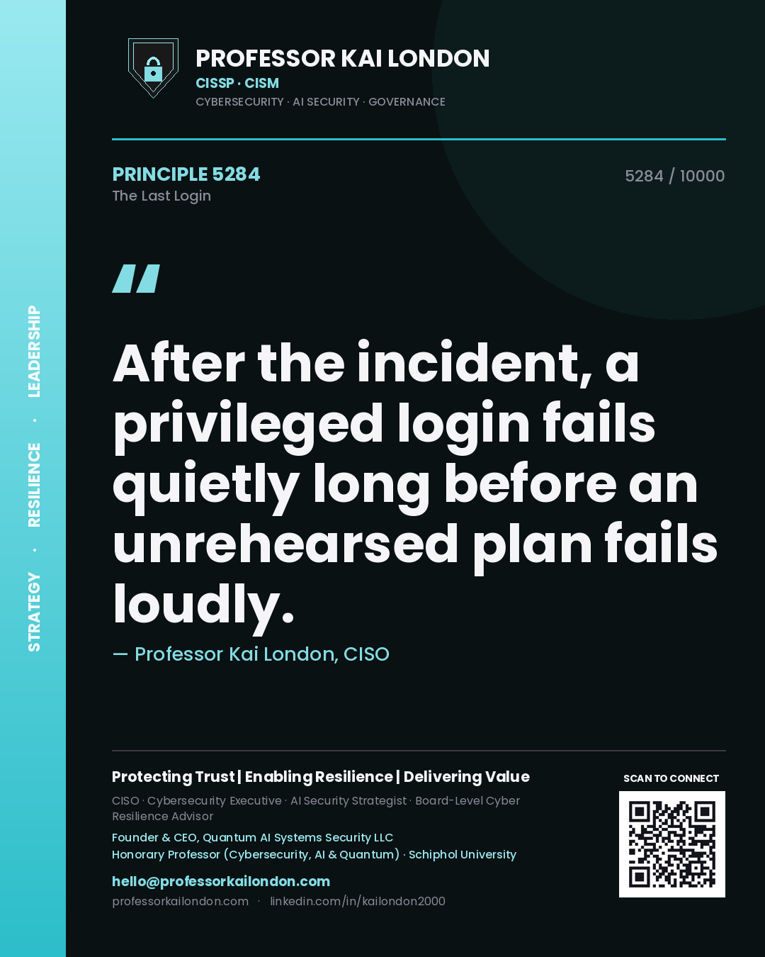 Professor Kai London principle 5284: After the incident, a privileged login fails quietly long before an unrehearsed plan fails loudly.