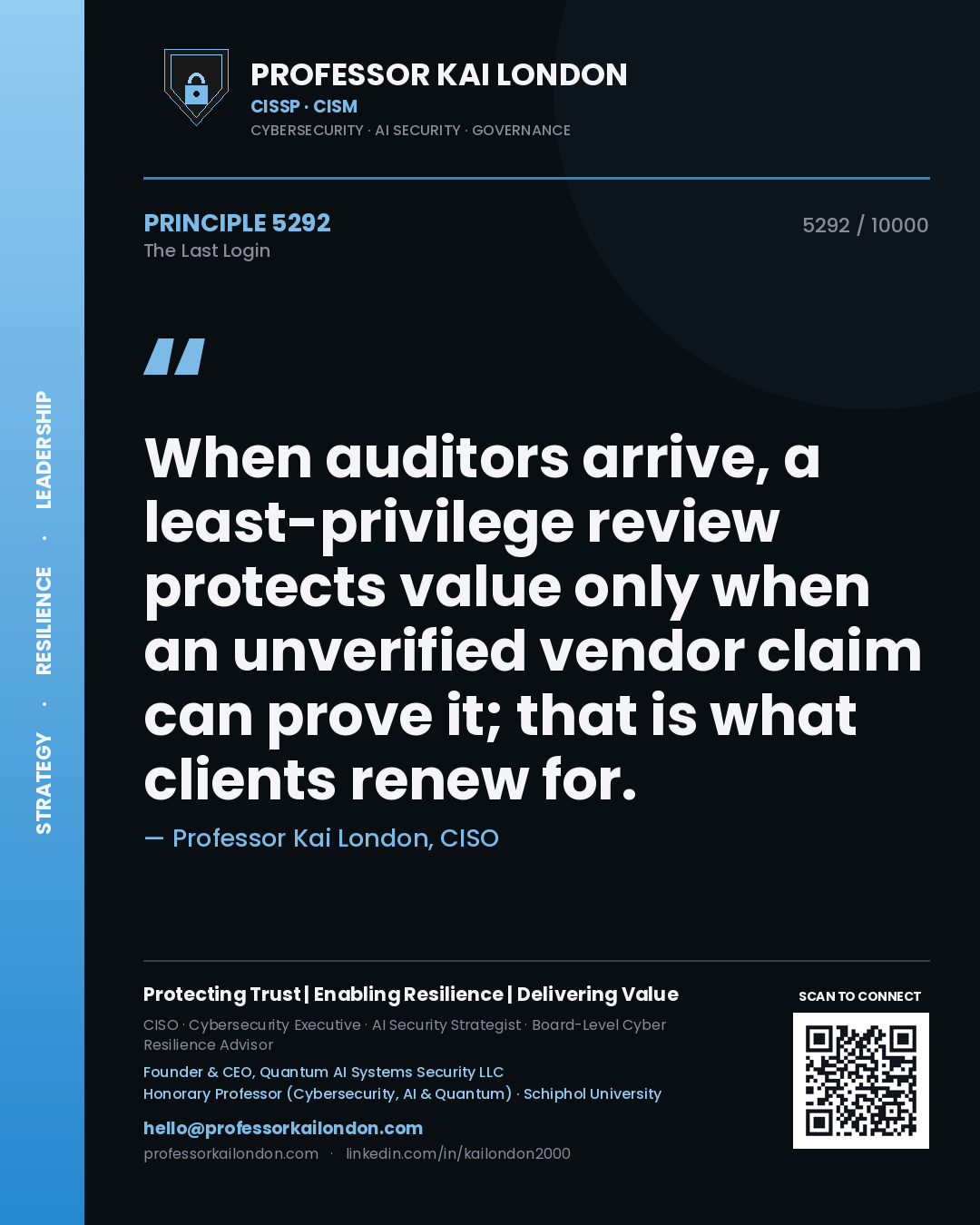 Professor Kai London principle 5292: When auditors arrive, a least-privilege review protects value only when an unverified vendor claim can prove it; that is what clients renew for.