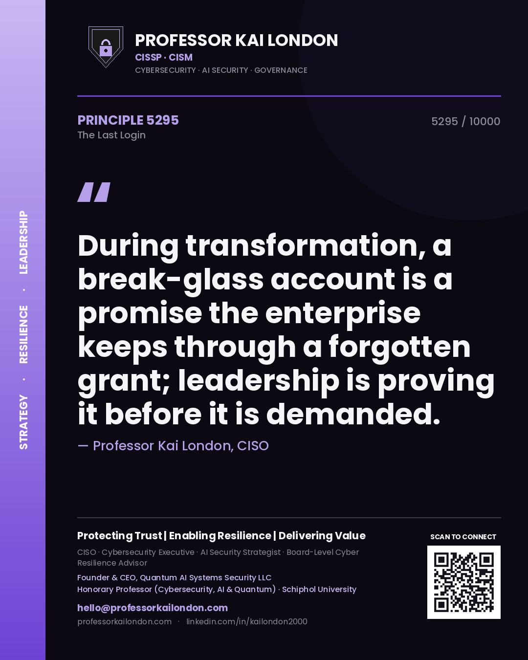 Professor Kai London principle 5295: During transformation, a break-glass account is a promise the enterprise keeps through a forgotten grant; leadership is proving it before it is demanded.