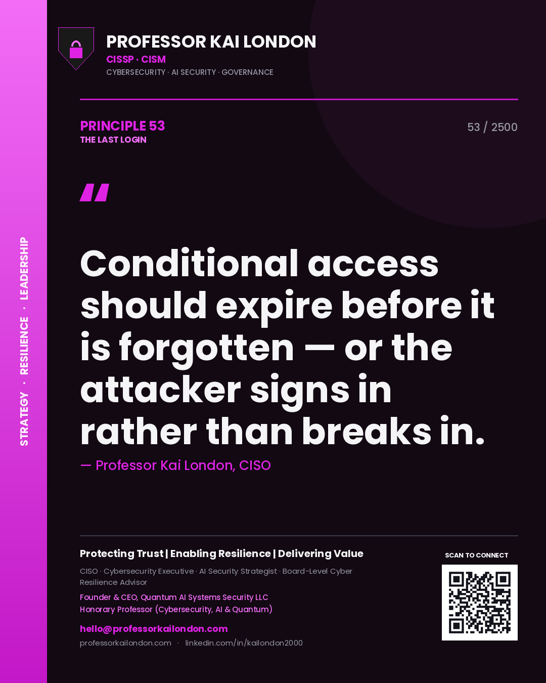 Professor Kai London principle 53: Conditional access should expire before it is forgotten — or the attacker signs in rather than breaks in.