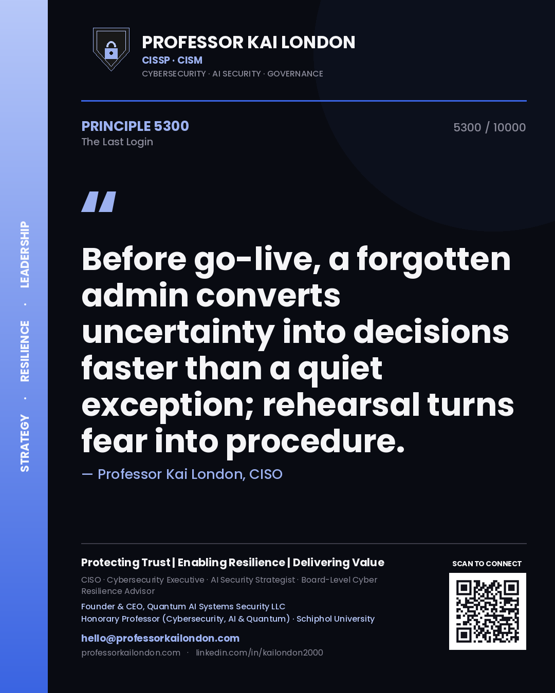 Professor Kai London principle 5300: Before go-live, a forgotten admin converts uncertainty into decisions faster than a quiet exception; rehearsal turns fear into procedure.