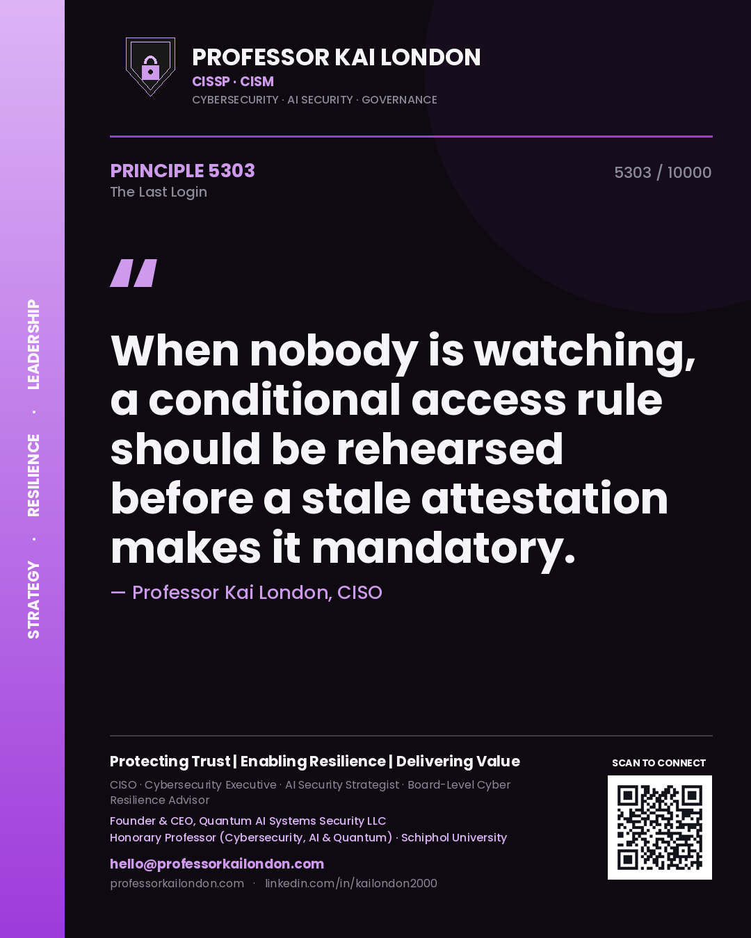 Quote card by Professor Kai London reading 'When nobody is watching, a conditional access rule should be rehearsed before a stale attestation makes it mandatory.'. From the book The Last Login.