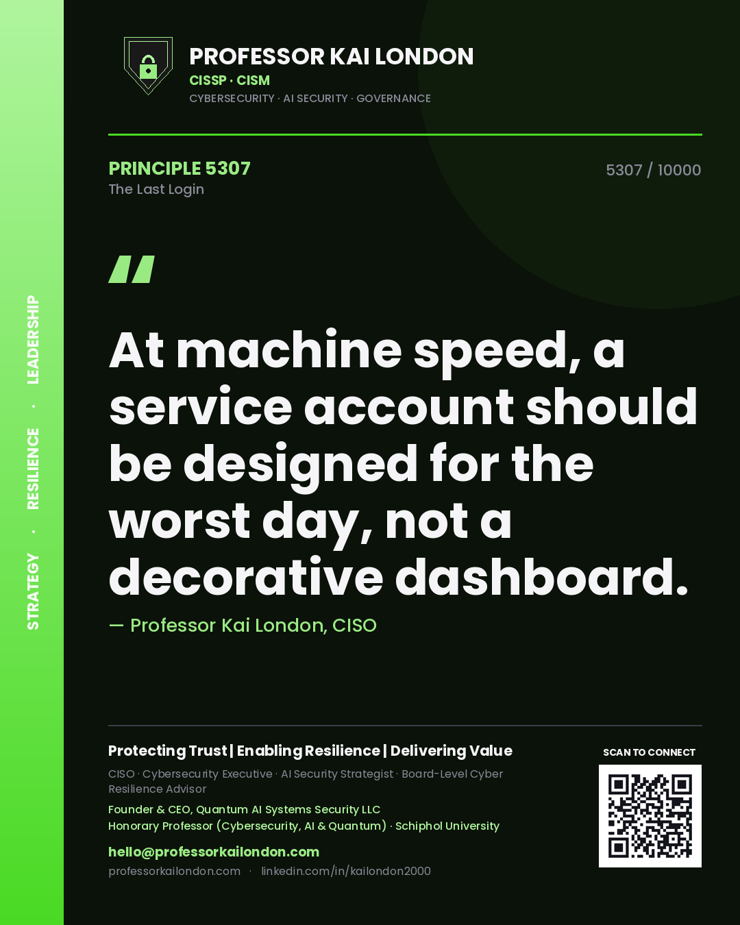 Quote card by Professor Kai London reading 'At machine speed, a service account should be designed for the worst day, not a decorative dashboard.'. From the book The Last Login.