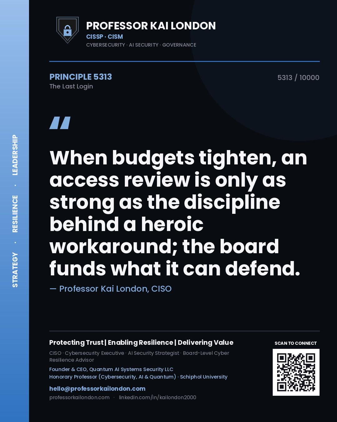Quote card by Professor Kai London reading 'When budgets tighten, an access review is only as strong as the discipline behind a heroic workaround; the board funds what it can defend.'. From the book The Last Login.