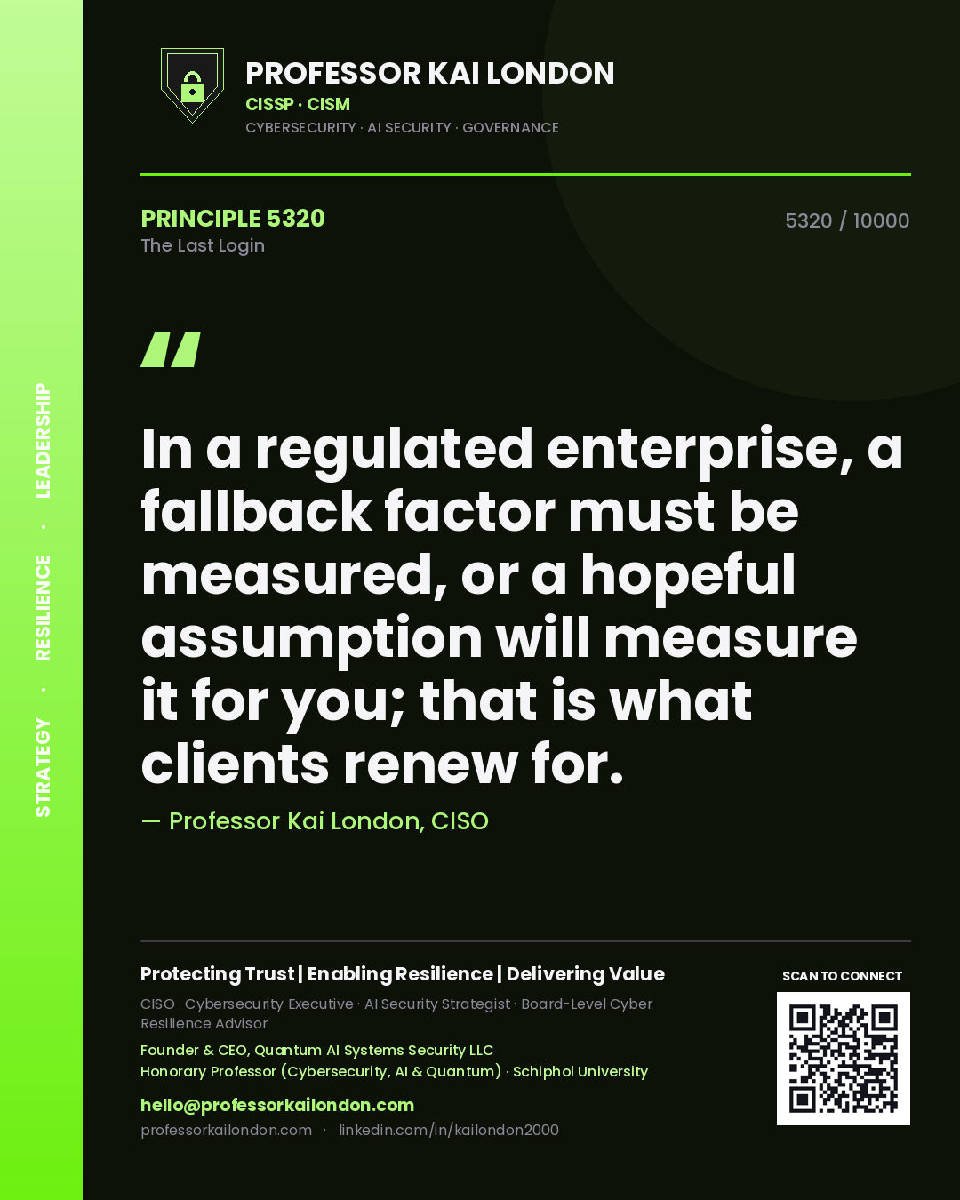 Quote card by Professor Kai London reading 'In a regulated enterprise, a fallback factor must be measured, or a hopeful assumption will measure it for you; that is what clients renew for.'. From the book The Last Login.