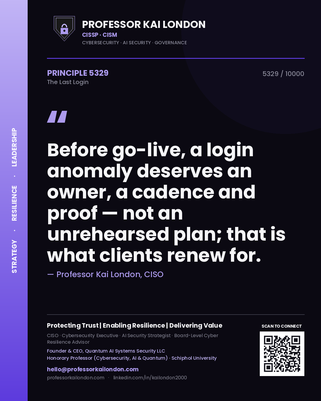 Quote card by Professor Kai London reading 'Before go-live, a login anomaly deserves an owner, a cadence and proof — not an unrehearsed plan; that is what clients renew for.'. From the book The Last Login.