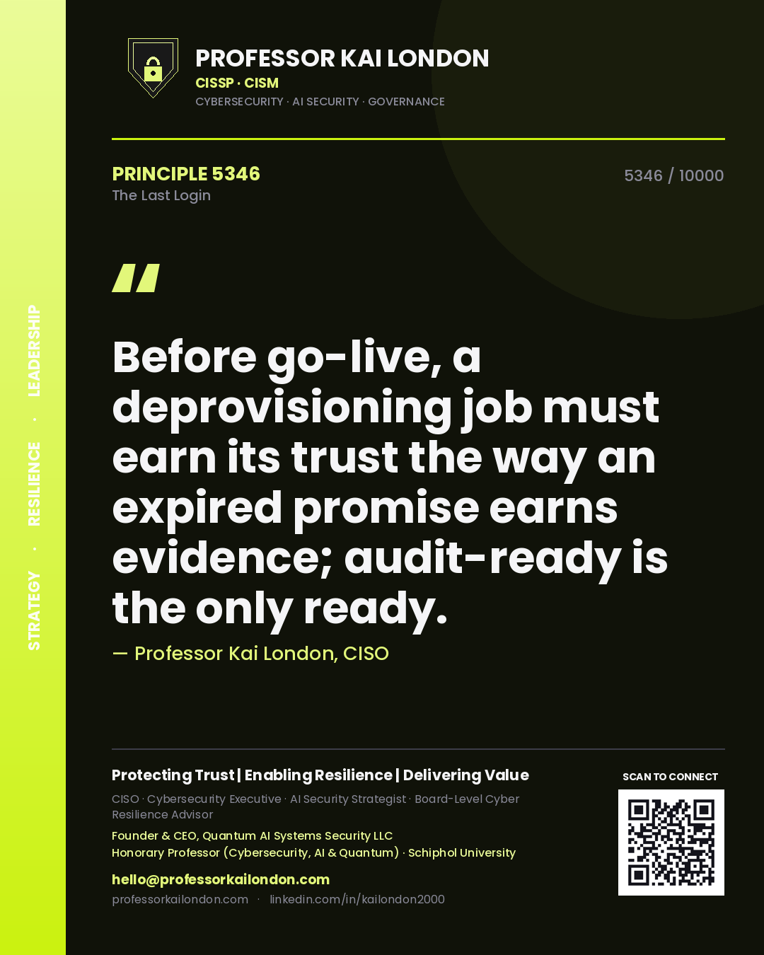 Quote card by Professor Kai London reading 'Before go-live, a deprovisioning job must earn its trust the way an expired promise earns evidence; audit-ready is the only ready.'. From the book The Last Login.