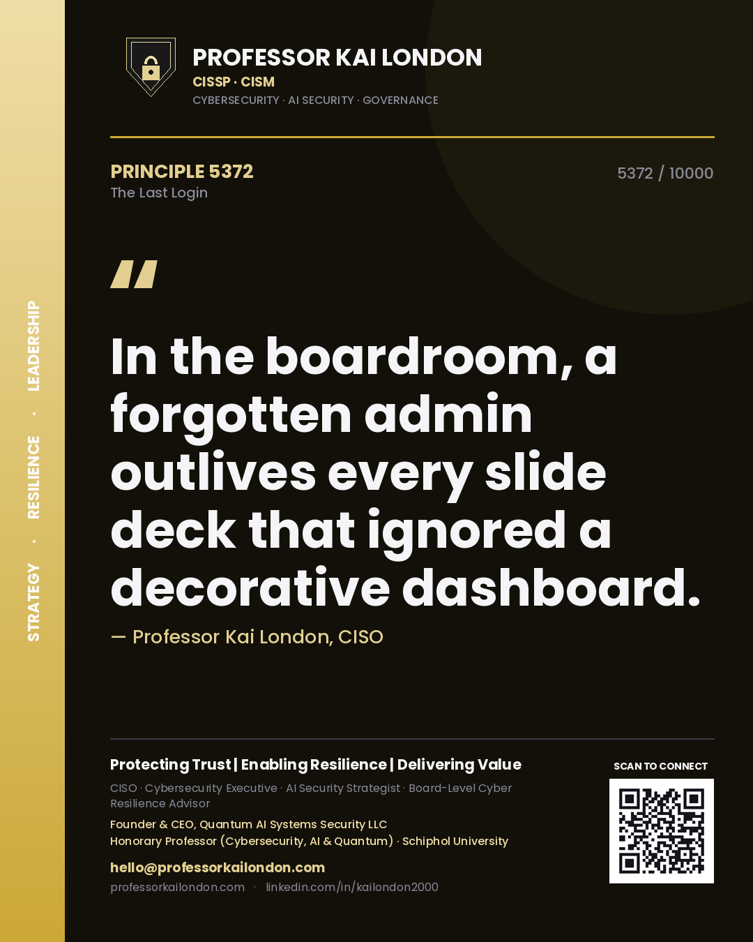 Quote card by Professor Kai London reading 'In the boardroom, a forgotten admin outlives every slide deck that ignored a decorative dashboard.'. From the book The Last Login.