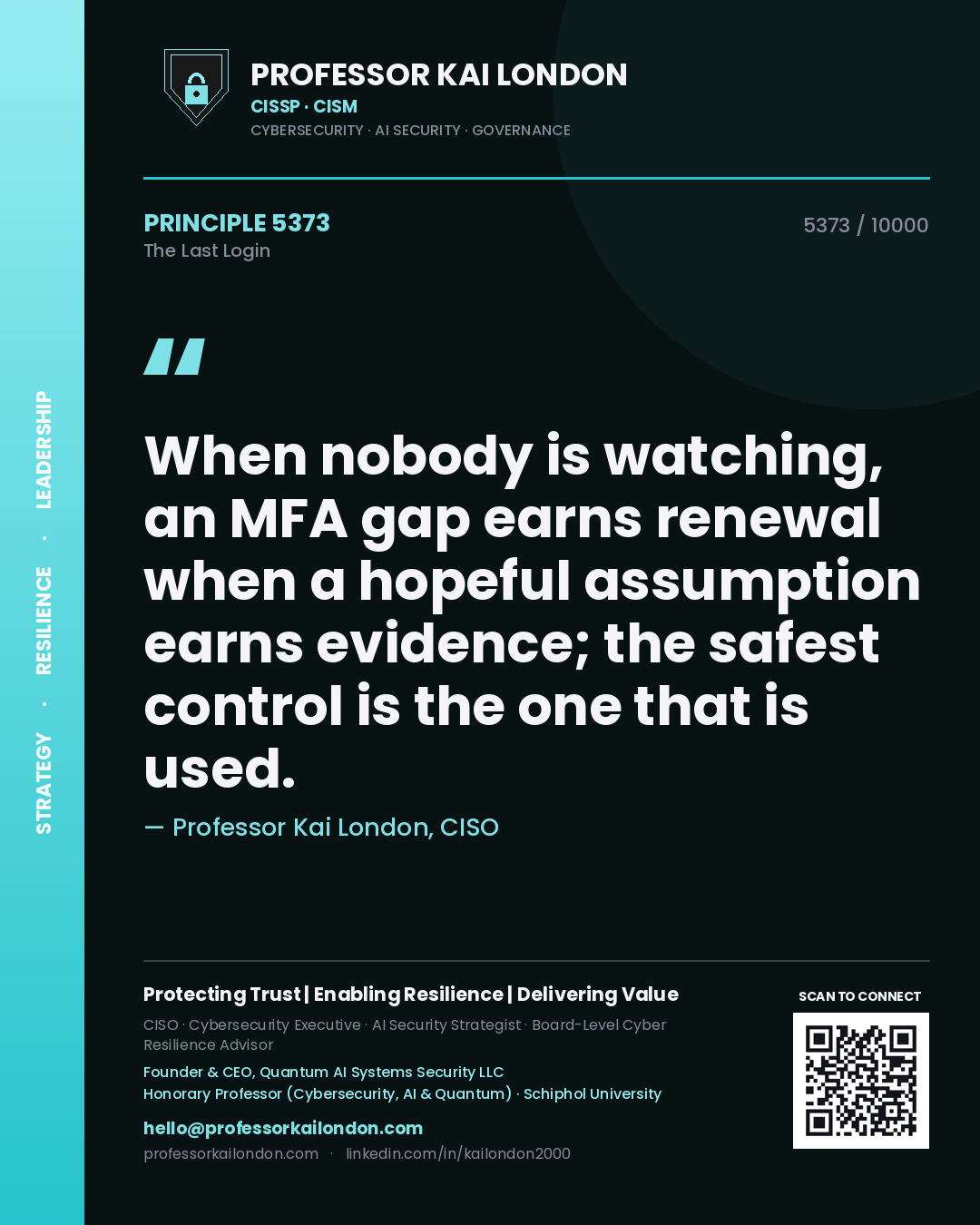 Quote card by Professor Kai London reading 'When nobody is watching, an MFA gap earns renewal when a hopeful assumption earns evidence; the safest control is the one that is used.'. From the book The Last Login.